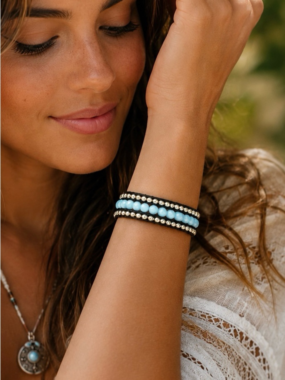 Hand Crafted Blue Crystal Bead Triple-Row Wrap Bracelet